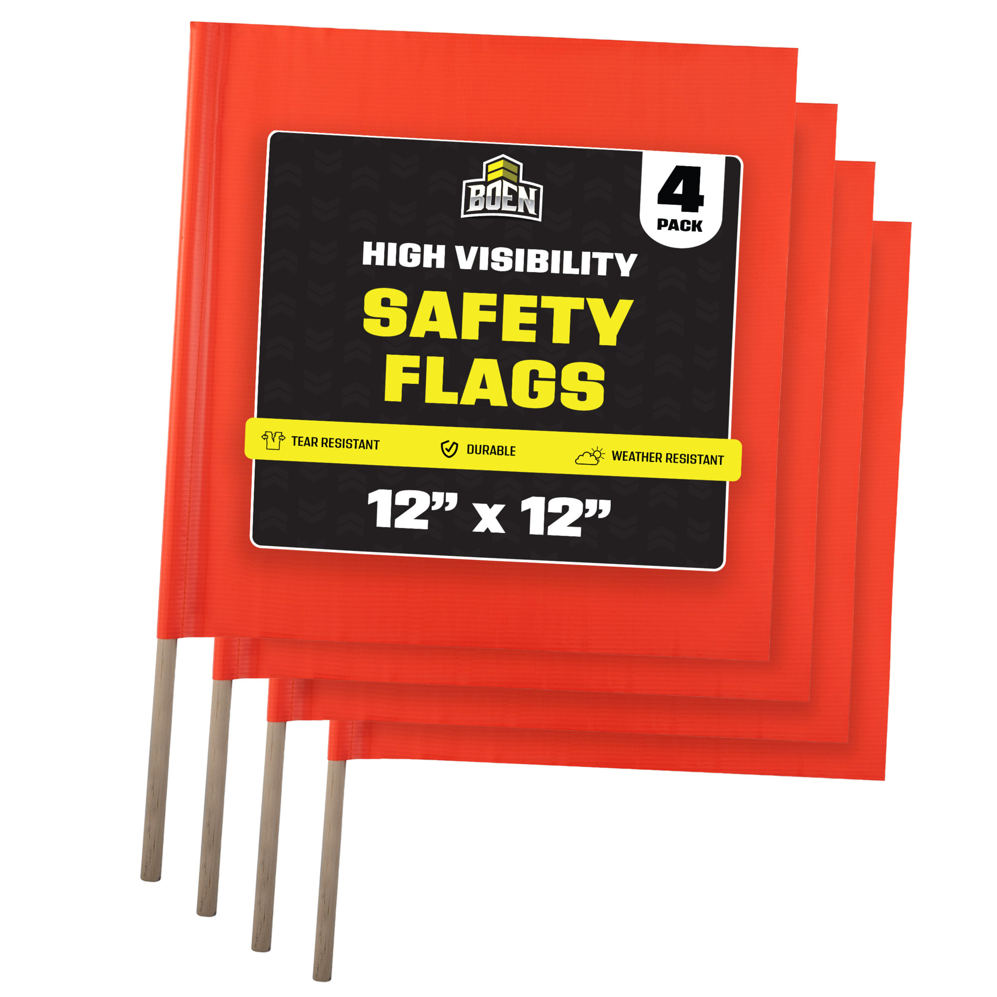 Boen Orange Safety Flag 12 in x 12 in, for Construction Sites, Traffic Control & Oversized Loads, 4-Pack